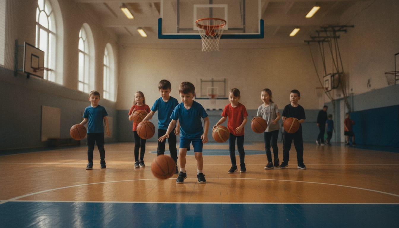 Un groupe d'enfants en atelier de dribble sous un panier abaissé, dans un gymnase