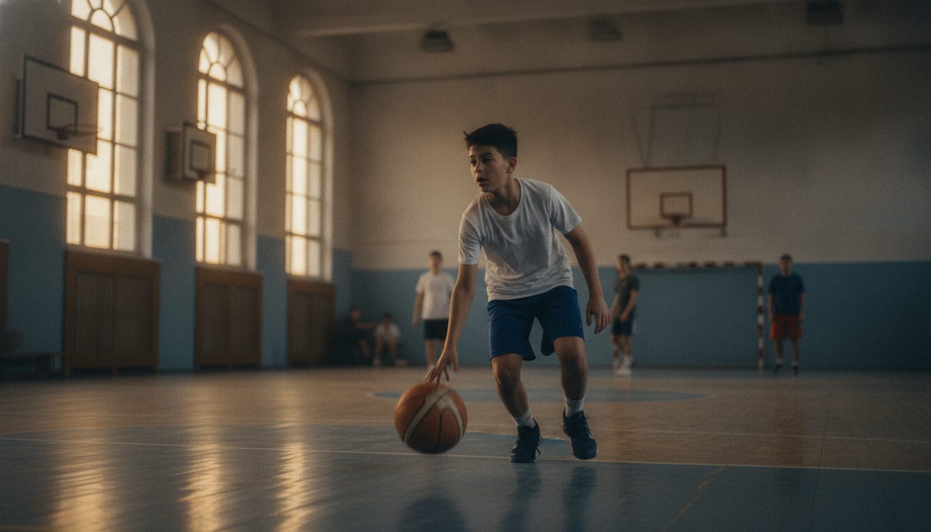 Un débutant dribble bas de la main droite, le regard levé vers le terrain, dans un gymnase