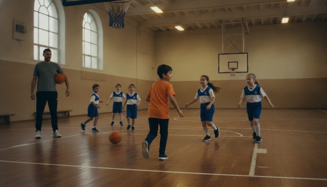 Des enfants échangent leurs places sur un demi-terrain de gymnase pendant un exercice, l'entraîneur ballon sous le bras