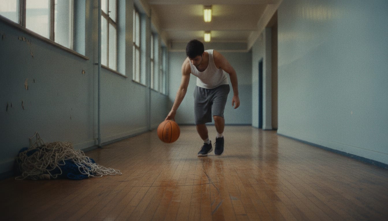 Un joueur dribble bas dans le couloir étroit d'un appartement, sans panier ni terrain