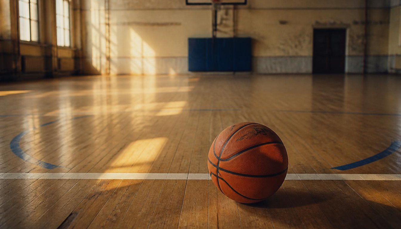 Une ligne de lancer franc peinte sur un parquet de gymnase, raquette et demi-cercle visibles, panier en arrière-plan