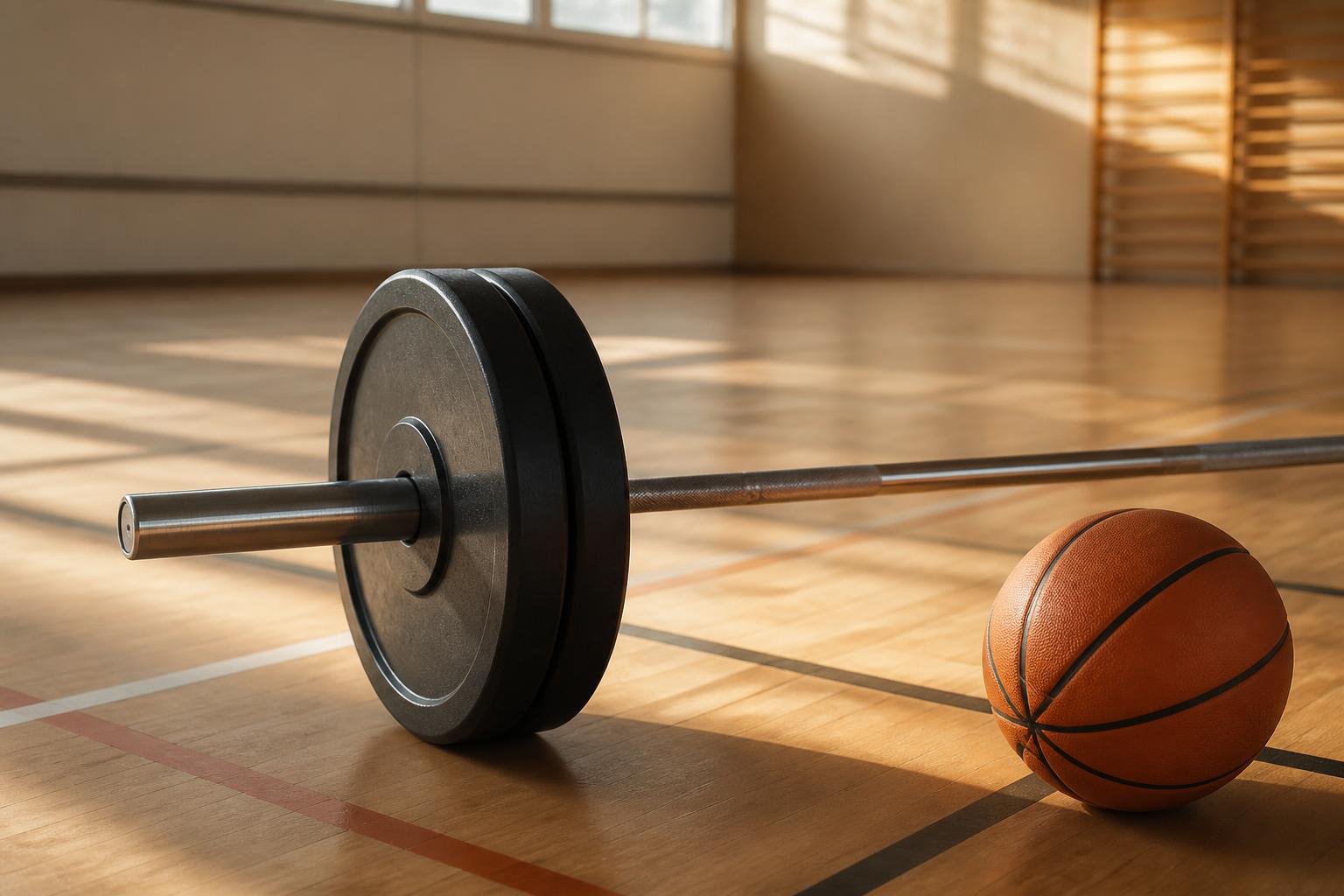 Une barre olympique chargée posée sur le parquet d'un gymnase vide, un ballon de basket à côté
