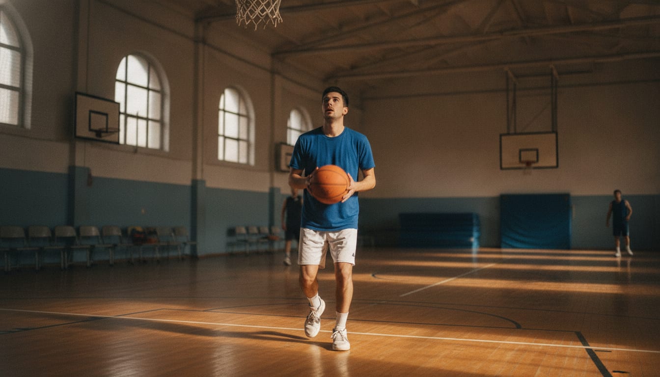 Un débutant s'arrête ballon en main sous un panier de gymnase, le pied de pivot posé au sol