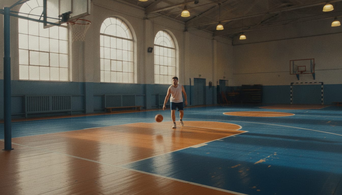 Terrain de basket extérieur au sol peint, un joueur dribble seul face à un panneau sans filet