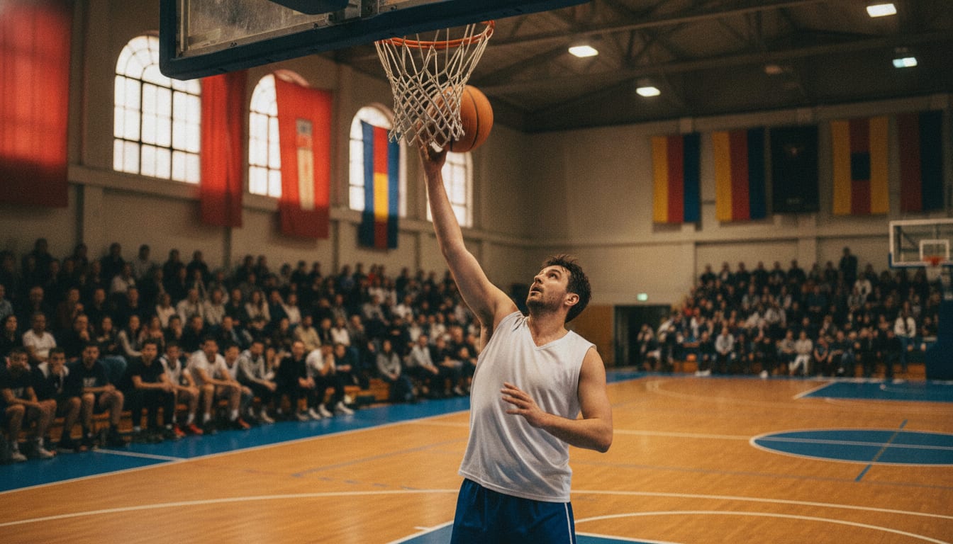 Un intérieur monte au panier dans une salle européenne comble, banderoles de supporters au fond