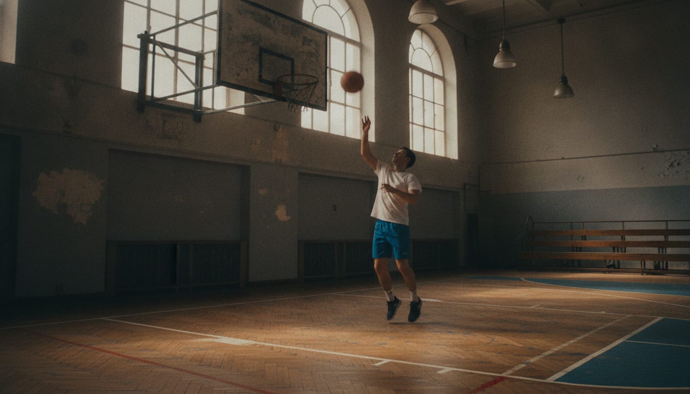 Vieux panneau de basket en bois et arceau sans filet dans un gymnase ancien, parquet usé au premier plan