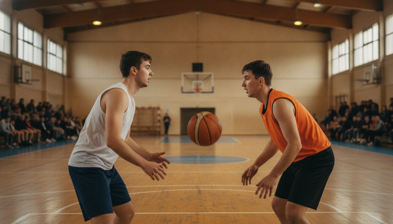 Deux joueurs de basket face à face au centre du terrain avant l'entre-deux, gradins pleins en arrière-plan