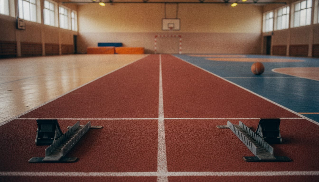 Les couloirs d'une piste d'athlétisme en tartan rouge, blocs de départ posés sur la ligne, gymnase en arrière-plan