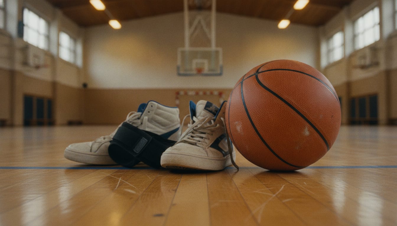 Un ballon orange, une paire de chaussures de basket et une chevillière posés au bord d'un parquet de gymnase