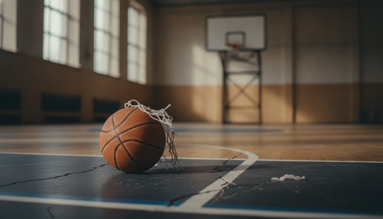 Un ballon de basket usé posé sur le bitume craquelé d'un playground, filet et panneau en arrière-plan