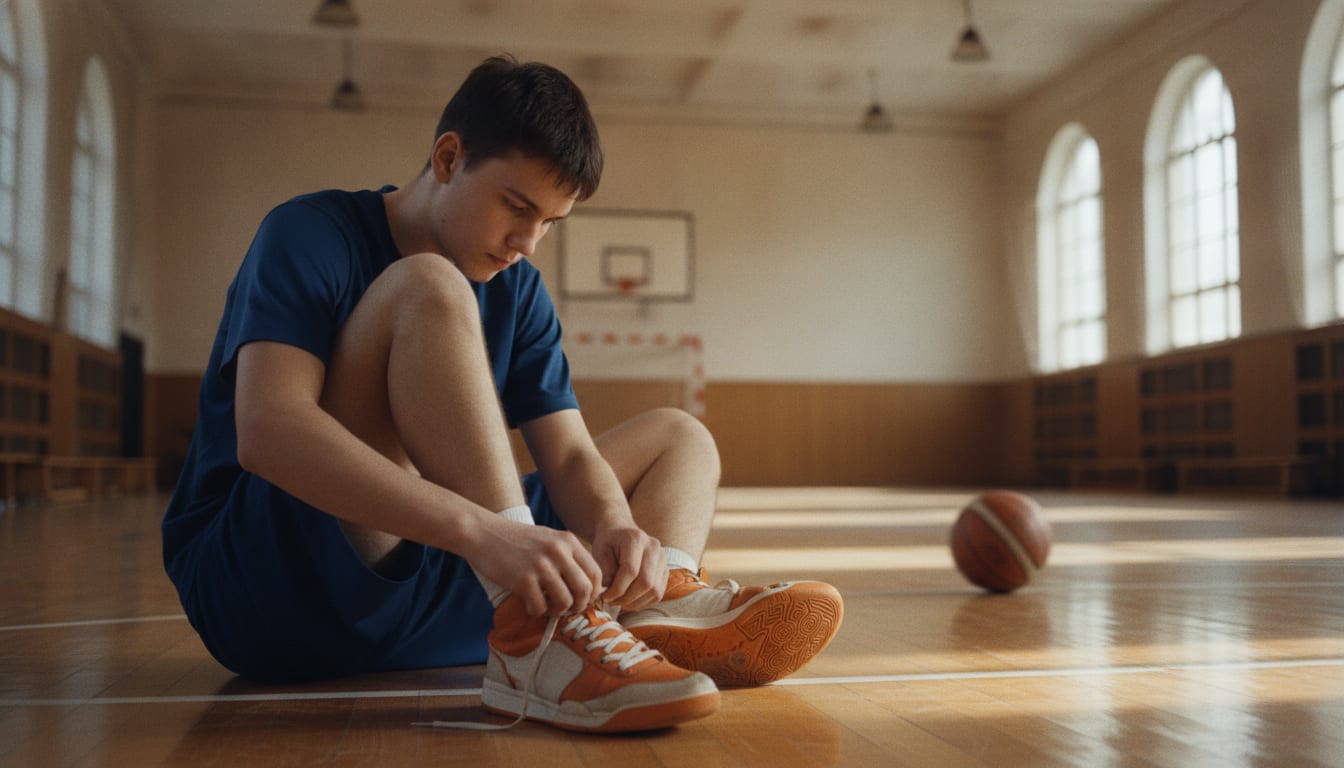 Un joueur assis au bord d'un parquet lace sa chaussure de basket jusqu'au dernier œillet