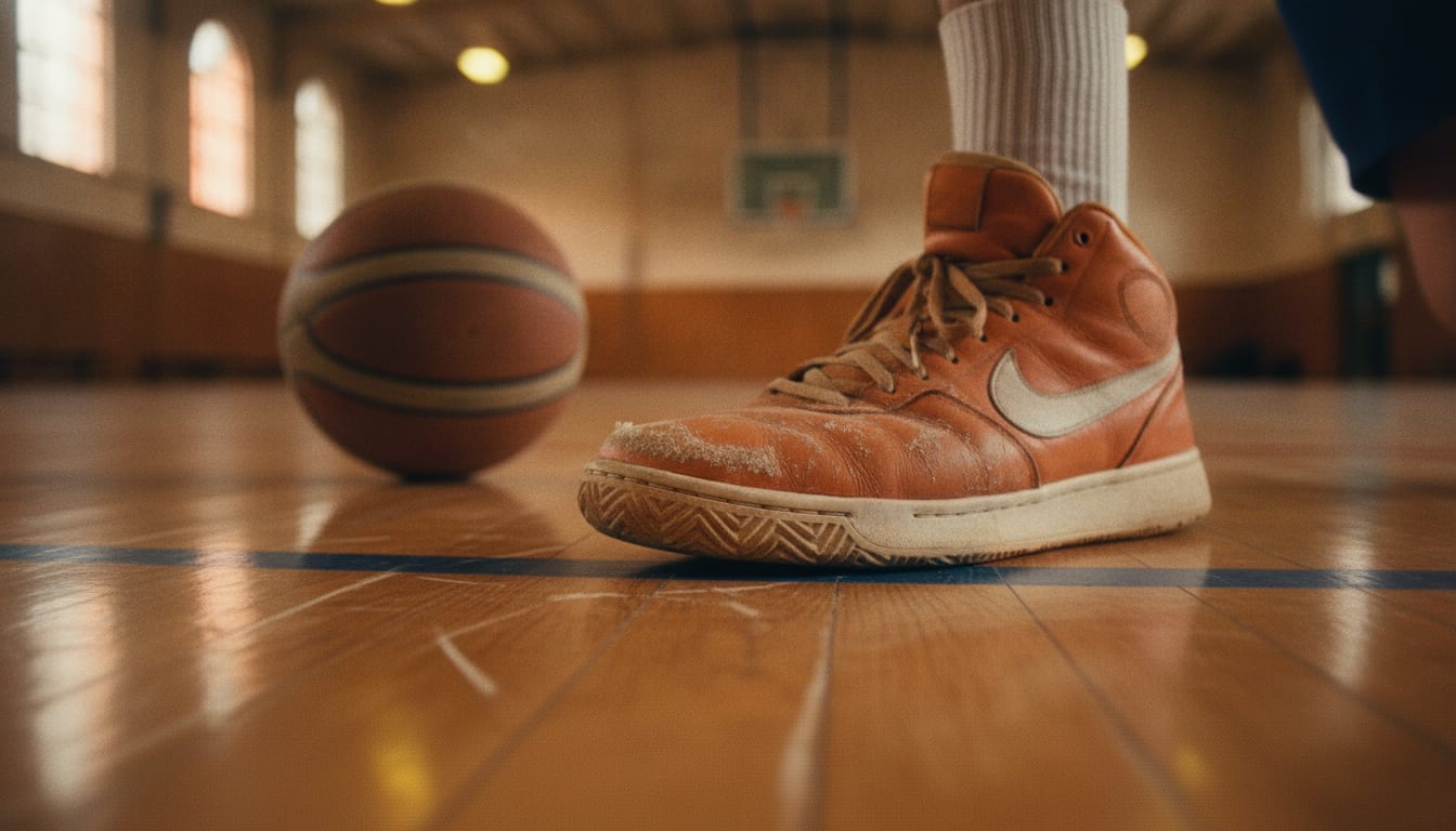 Gros plan sur la semelle à chevrons d'une chaussure de basket brossée au bord d'un parquet de gymnase