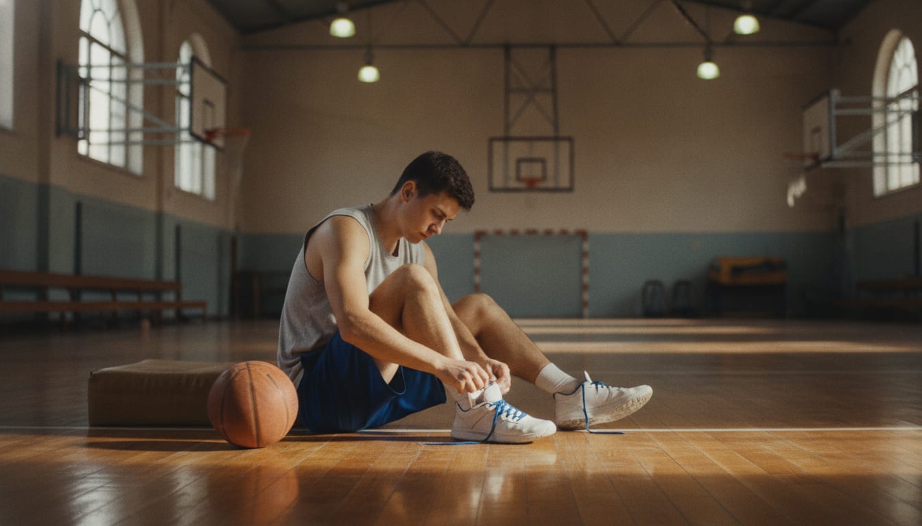 Un basketteur assis au bord du parquet lace sa chevillière avant l'entraînement