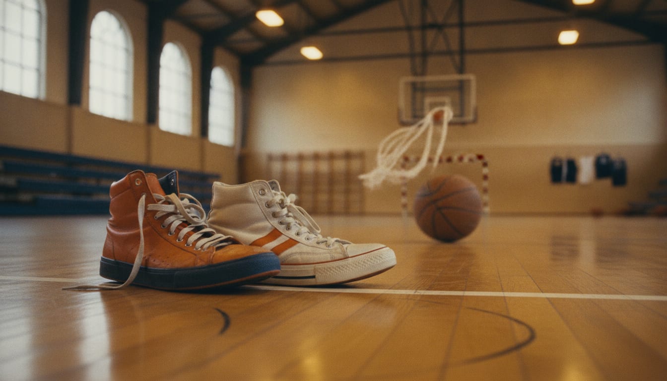 Une chaussure de basket montante et une chaussure basse posées côte à côte au bord d'un parquet de gymnase