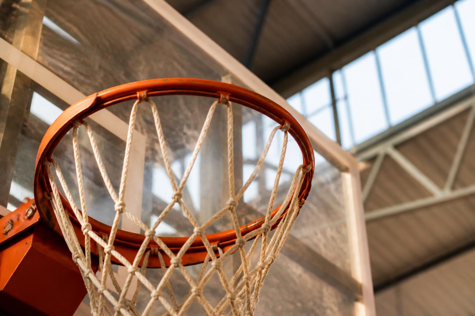 Arceau orange et filet blanc d'un panier de basket vus en contre-plongée sous le panneau de verre