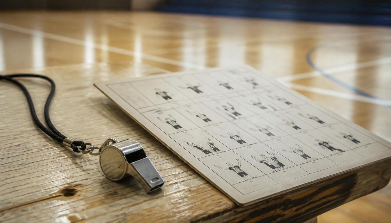 Un sifflet d'arbitre et une planche de signaux officiels posés sur le banc d'un gymnase