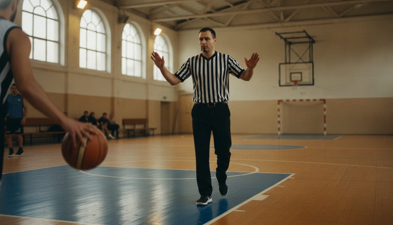 Un arbitre de basket signale une reprise de dribble, les deux mains battant alternativement de haut en bas