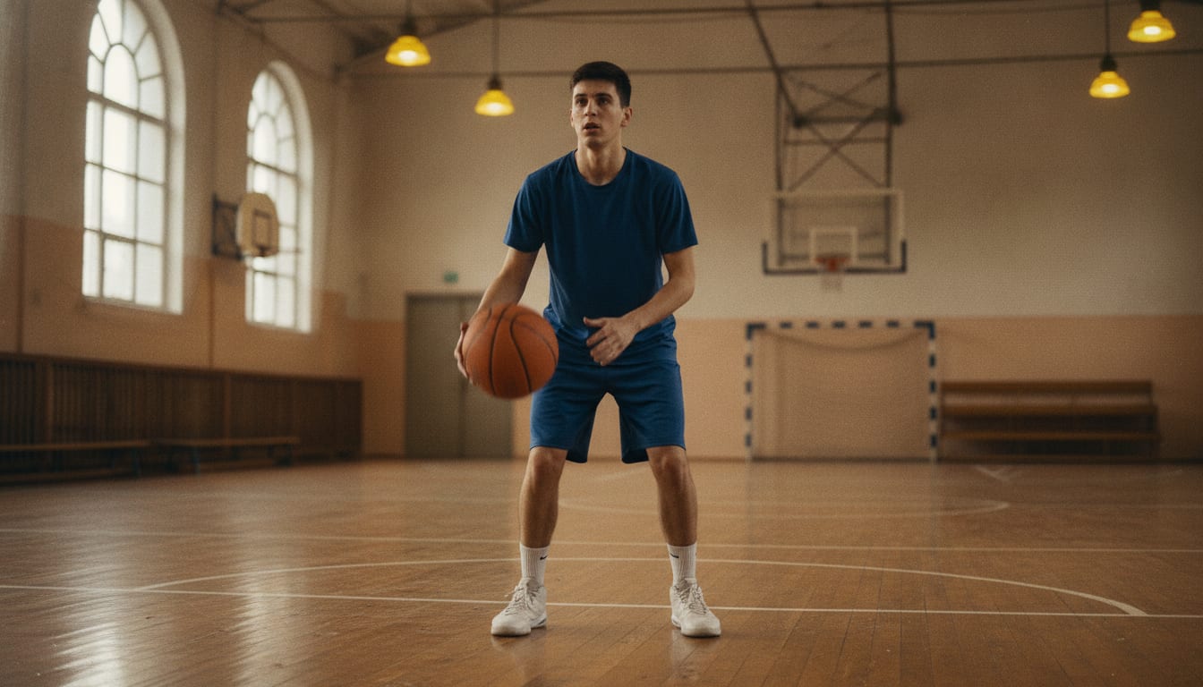 Un joueur débutant reçoit le ballon à l'arrêt, les deux pieds posés sur le parquet d'un gymnase