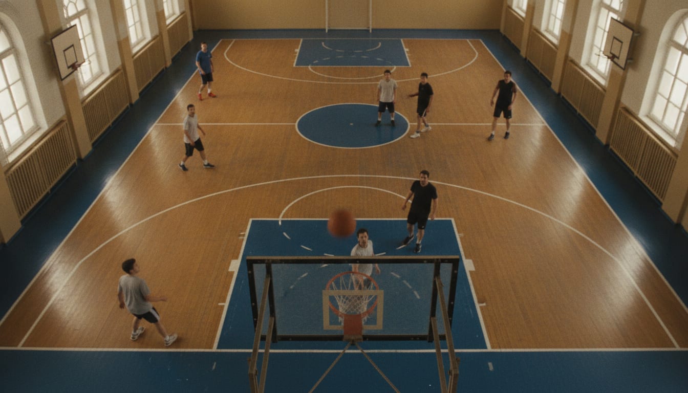 Un terrain de basket vu de haut, lignes blanches fraîchement tracées sur le parquet d'un gymnase